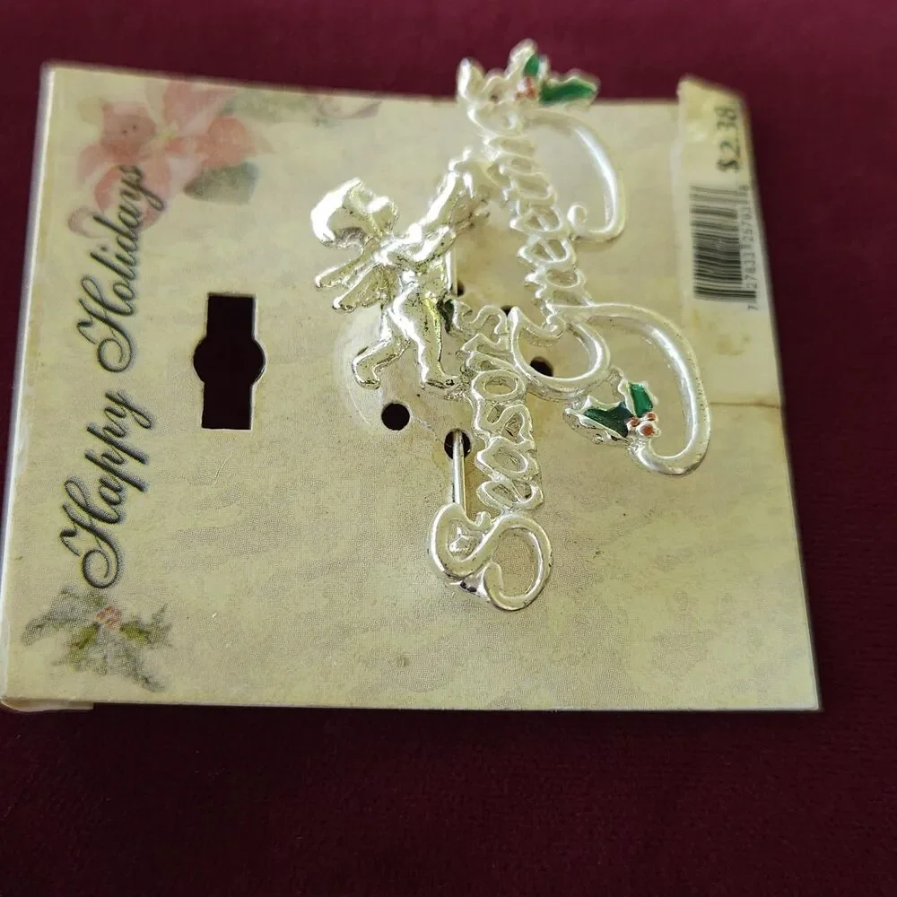 Vintage Walmart Season’s Greetings Christmas Brooch Pin Silver Tone NOS NOC